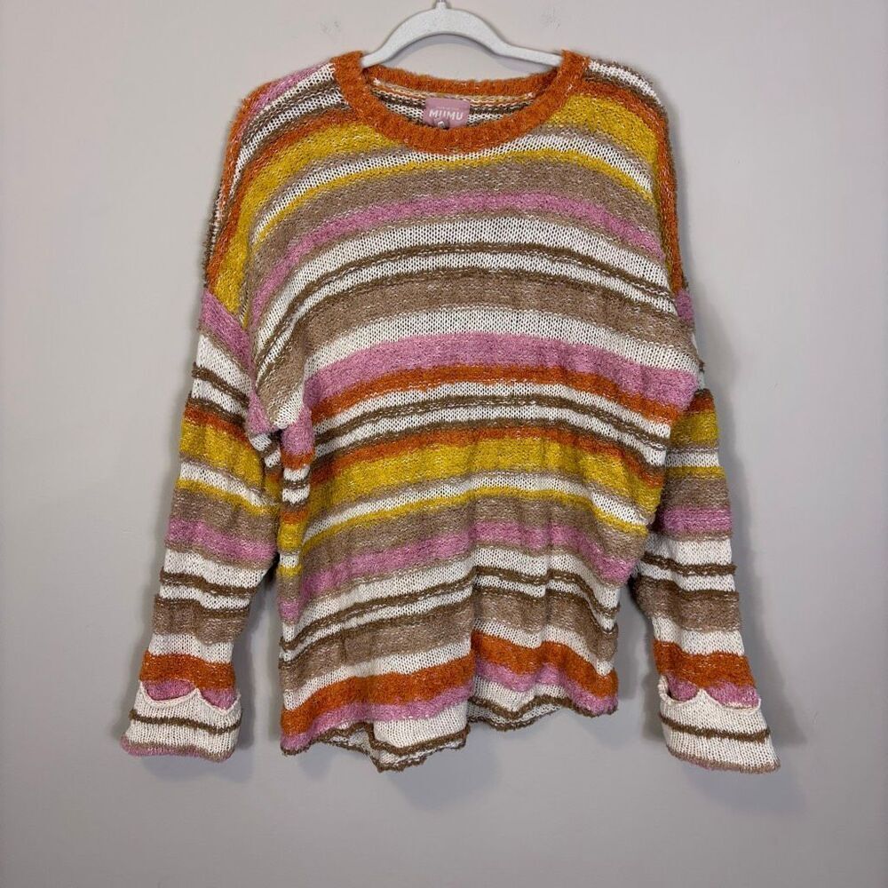 Show Me Your Mumu Pink, Orange, Yellow, and Brown Striped Cotton Sweater Medium